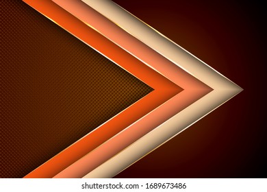 Polygonal arrow with gold triangle edge lines banner vector design. Royal business background template. Trendy tech vector graphics. Gradient facets shapes, stripes gold edges lines vector.
