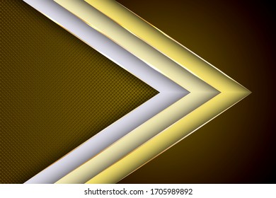 Flecha poligonal con líneas de borde triángulo dorado diseño vectorial. Plantilla de fondo empresarial brillante. Las franjas de cinta se solapan en el fondo de los puntos de medio tono. Imagen digital creativa.