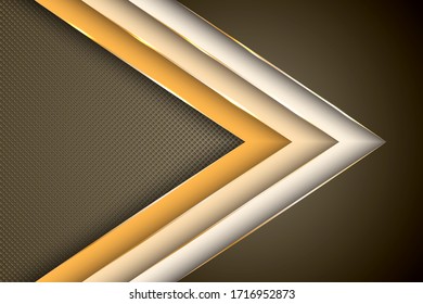 Flecha poligonal con líneas de borde triángulo dorado diseño vectorial. Plantilla de fondo de negocio real. Diseño gráfico publicitario 3d. Las franjas de cinta se solapan en el fondo de los puntos de medio tono.