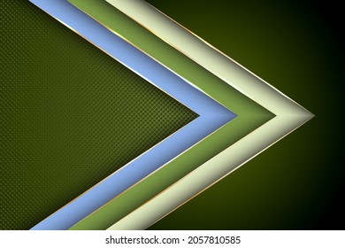 Flecha poligonal con diseño vectorial de líneas de borde triangular de oro. Plantilla de fondo comercial elegante. Las franjas de cinta de opciones se superponen en el fondo de los puntos de semitono. 3d diseño gráfico publicitario.