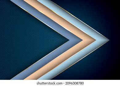Polygonal arrow and gold triangle edge lines banner vector design  VIP poster background template  Gold metallic edge lines  gradient overlapping shapes  Abstract wallpaper modern design 
