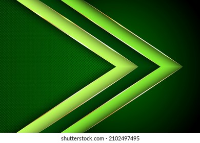 Polygonal arrow with gold triangle edge lines banner vector design. Stylish business background template. Trendy tech vector graphics. Ribbon stripes overlap on halftone dots background.