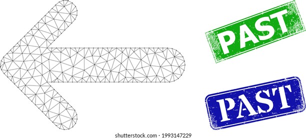 Polygonal arrow left image, and Past blue and green rectangle grunge seal prints. Polygonal carcass image based on arrow left icon. Stamp seals have Past text inside rectangle frame.