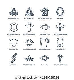 Polygonal arrow up, ascendant, jewel, buildings of small triangles, cat, coffee cup, house or home building outline vector icons from 16 set