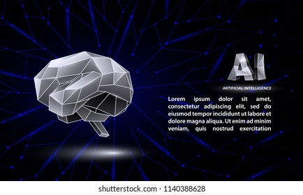 Polygonal artificial intelligence conceptual banner with a low poly brain and AI symbols.