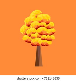 Polygonal autumn tree with orange background. Vector tree consisting of triangles. 