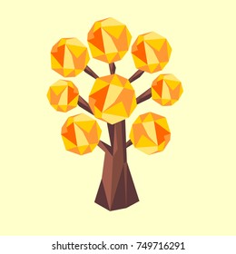 Polygonal autumn tree with yellow background. Vector tree consisting of triangles. 