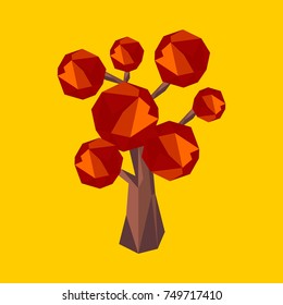 Polygonal autumn tree with yellow background. Vector tree consisting of triangles. 