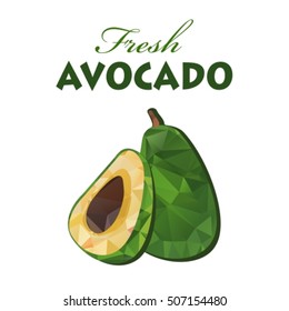 Polygonal avocado isolated on white background. Organic food vector. Fresh half tropical avocado. Vegetarian dish.
