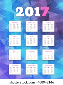 Polygonal Background 2017 Full Calendar Template - Promotion Poster Vector Design, Week Starts Sunday