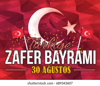 Polygonal Background, Celebration Card and Greeting Message Poster, Badges - English "Turkey, Victory Day, August 30"