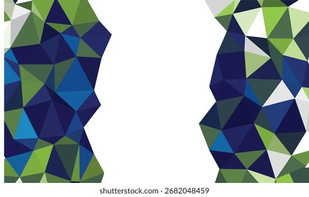 Polygonal background featuring blue and green geometric shapes bordering a transparent space, creating a modern abstract look with clean lines and vibrant colors.