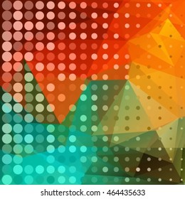 Polygonal background with green and orange triangles. Looks like stylized summer sunset.