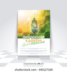 Polygonal Background and Hanging Lantern Illustration, Ramadan Kareem A4 Style Flyer, Brochure - Arabic "Eid Mubarak", "be Blessed" at English