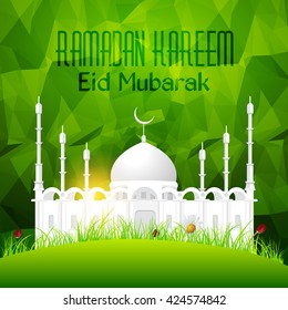 Polygonal Background and Mosque, Ramadan Kareem Vector Design - Arabic "Eid Mubarak" "be Blessed" at English