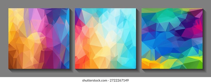 Conjunto de fondo poligonal con texturas geométricas coloridas. Bajos fondos cuadrados de Vector poligonal de polietileno con vibrantes Formas triangulares. El diseño Abstractas del mosaico crea el fondo poli bajo moderno y tecnológico.