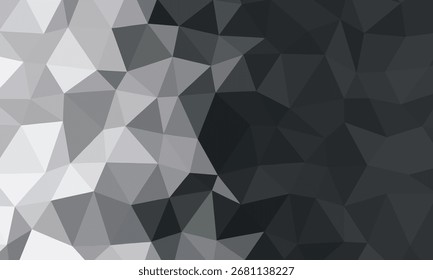O plano de fundo poligonal apresenta uma transição perfeita de tons de cinza claro para tons escuros, criando uma estética geométrica elegante e abstrata, perfeita para aplicações versáteis.