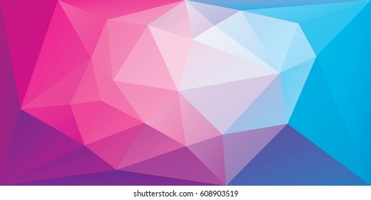 Polygonal background of triangles in pink and blue colors. Triangular banner template. Low poly mesh gradient in origami style. Vector eps8 illustration.
