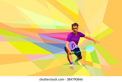 Jugador de bádminton poligonal sobre fondo de polos bajo y colorido