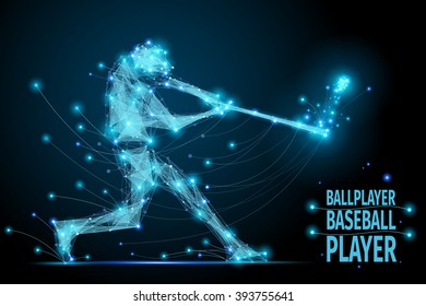 Polygonal ballplayer in motion from flying debris. Bacseball abstract concept vector mesh spheres. Futuristic technology style. 