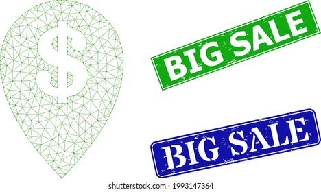 Polygonal Bank Map Marker Model, And Big Sale Blue And Green Rectangle Unclean Seals. Mesh Wireframe Image Created From Bank Map Marker Pictogram. Seals Contain Big Sale Text Inside Rectangle Frame.