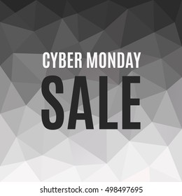 Polygonal Banner Cyber Monday Sale. Low poly background. Copy space for text. Vector design element. Trendy advertisement from triangle pattern and words. Dark sales polygons backdrop