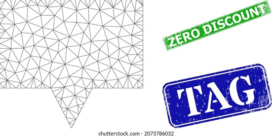 Polygonal banner image, and Zero Discount blue and green rectangle dirty watermarks. Polygonal carcass symbol is based on banner pictogram. Stamps include Zero Discount title inside rectangle shape.