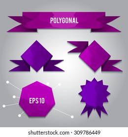 Polygonal banners and ribbons. Vector low poly info graphic elements. Purple and violet design theme.