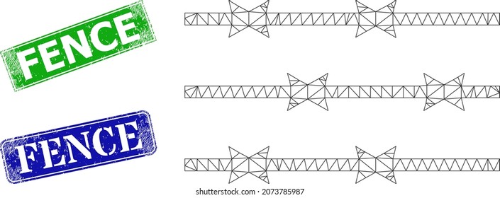 Polygonal barbed wire fence image, and Fence blue and green rectangular dirty stamp seals. Polygonal carcass image designed with barbed wire fence icon.