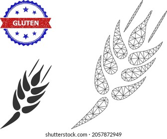 Polygonal barley ear framework icon, and bicolor grunge Gluten watermark. Mesh wireframe illustration designed with barley ear icon. Vector seal with Gluten text inside red ribbon and blue rosette,