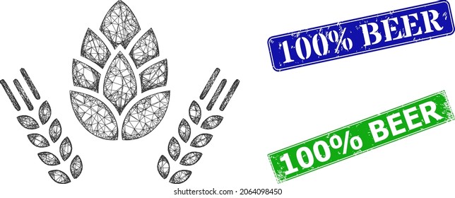 Polygonal barley and hop image, and 100 percent Beer blue and green rectangular textured stamp seals. Polygonal wireframe symbol based on barley and hop icon.