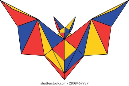 Polygonal bat shape, geometric pattern, colorful triangle art, modern wildlife design, festive halloween symbol, abstract flying.
