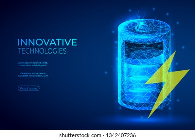 Polygonal battery charge abstract background. The isolated concept of innovation technology and energy source consists of low poly wireframe, geometry triangle, lines, dots, polygons, shapes.