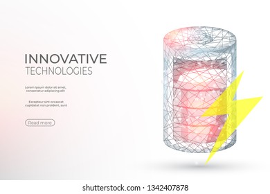 Polygonal battery charge abstract background. The isolated concept of innovation technology and energy source consists of low poly wireframe, geometry triangle, lines, dots, polygons, shapes.