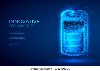 Polygonal battery charge abstract background. The isolated concept of innovation technology and energy source consists of low poly wireframe, geometry triangle, lines, dots, polygons, shapes.