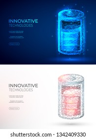 Polygonal battery charge abstract background. The isolated concept of innovation technology and energy source consists of low poly wireframe, geometry triangle, lines, dots, polygons, shapes.