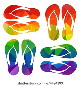 Polygonal beach colorful flip flops collection isolated on white background. Design elements for banners or flyers.