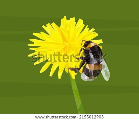 Polygonal Bee with a flower. Low poly Triangle  vector illustration