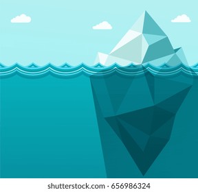 Polygonal big iceberg in ocean floating in sea waves. Metaphor b