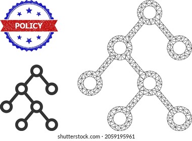 Polygonal binary tree wireframe illustration, and bicolor unclean Policy seal. Polygonal wireframe illustration designed with binary tree pictogram.