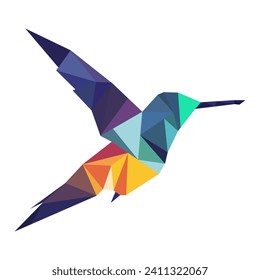 Polygonal bird logo. Mosaic of triangles. Hummingbird logotype. Bird with wings, feathers and beak isolated on a white background.