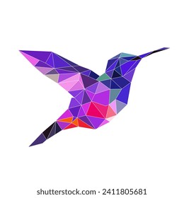 Logo de ave poligonal. Mosaico de triángulos. Logotipo de colibrí. Ave con alas, plumas y rocas aisladas en un fondo blanco.