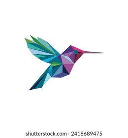 Polygonal bird logo. Mosaic of triangles. Hummingbird logotype. Bird with wings, feathers and beak isolated on a white background