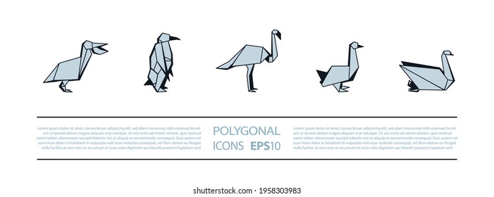 Polygonal Birds Linear Icons Set. Low poly waterfowl bird icon for banner such as pelican, penguin, flamingo and swan.