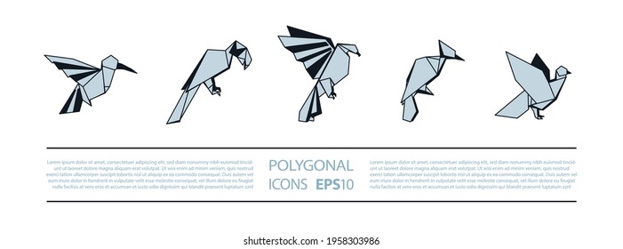 Polygonal Birds Linear Icons Set. Low poly bird icon for banner such as hummingbird, parrot, eagle, woodpecker and pigeon.