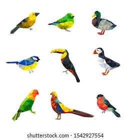 Polygonal birds. Triangle abstract shapes graphic flying birds collection asian animals vector characters collection