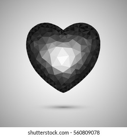 Polygonal black heart. Low-poly. Transparent background. Vector illustration.