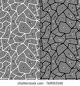 Polygonal black and white seamless backgrounds. Geometric line patterns for wallpapers and textile