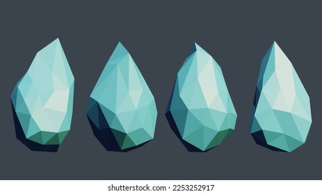 Polygonal Blue Stone Set, Isolated on Grey Background. 3d Vector Illustration