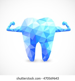Polygonal blue  tooth with muscle. Abstract illustration isolated on white background. Dental care concept  in origami style. 